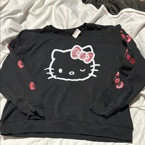 Hello Kitty Black Sweatshirt large L 💯 cotton fleece lined bows on sleeve nwt